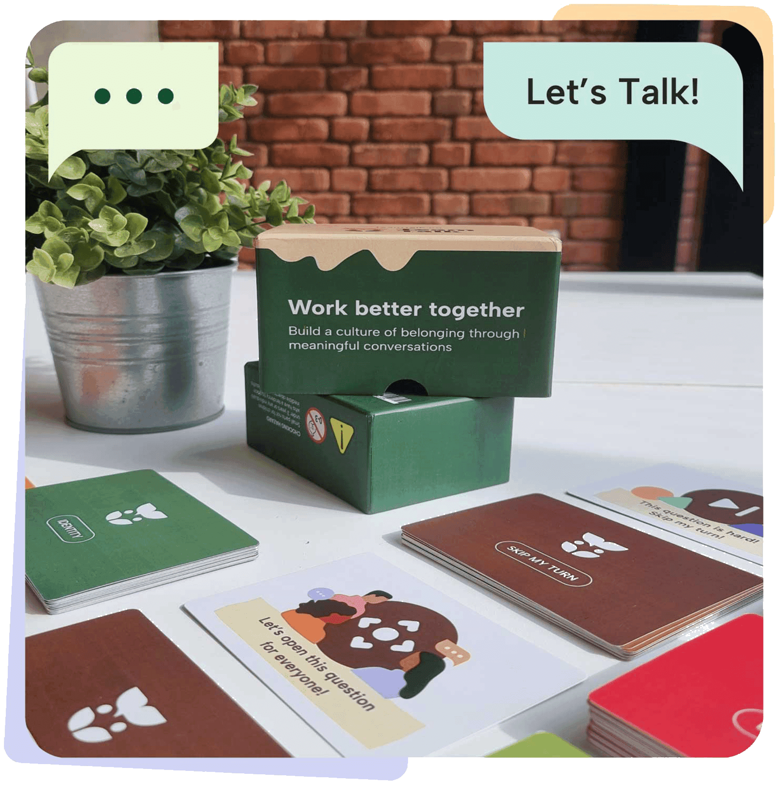 TeamTalk Cards — printed conversation cards arranged on a table