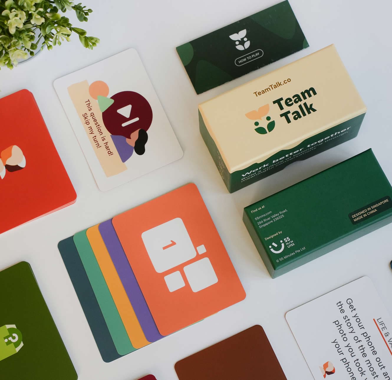 TeamTalk conversation cards laid out in a deck with different categories