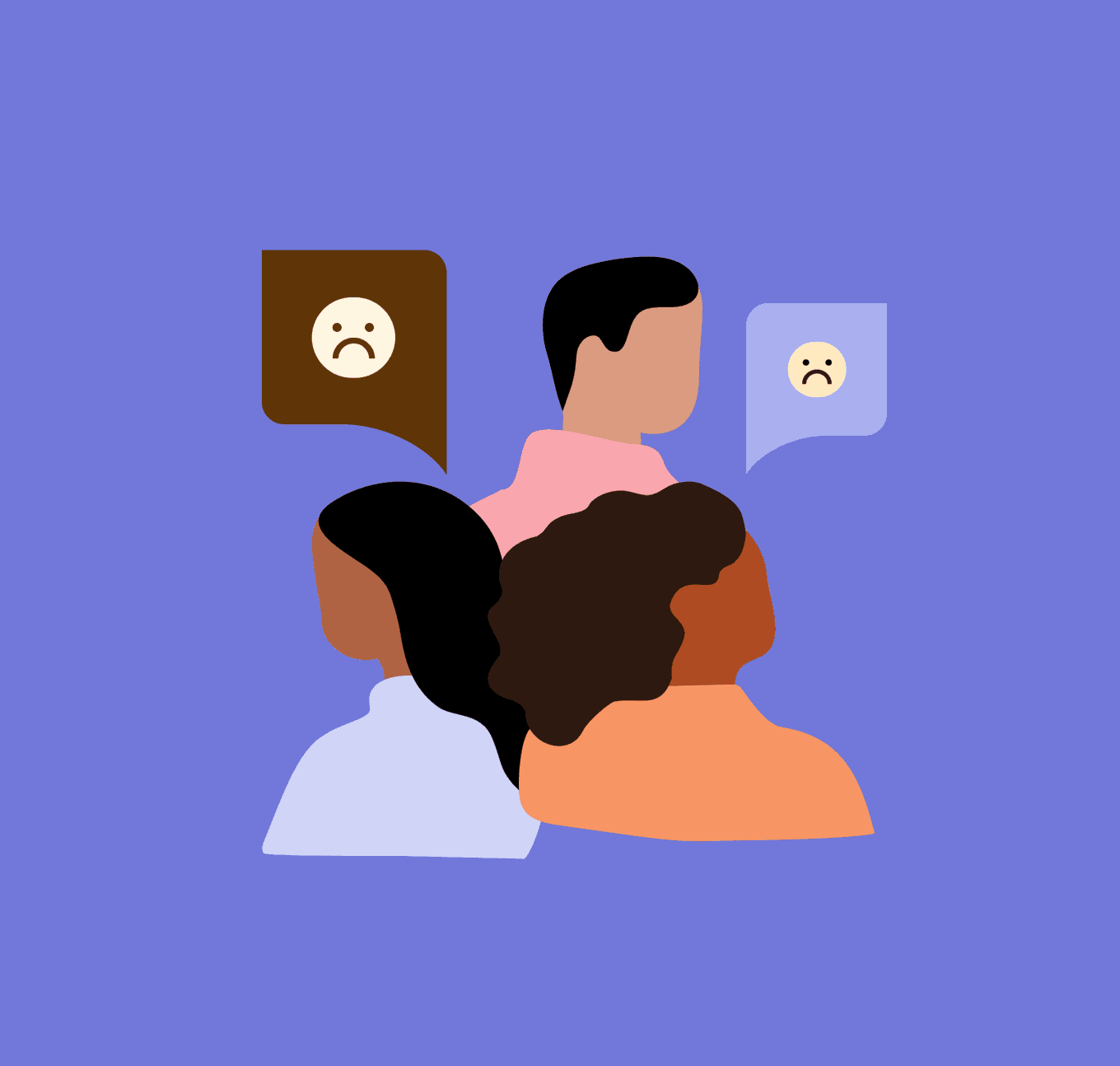 Illustration of people with chat bubbles which show sad emoji to represent poor team dialogue