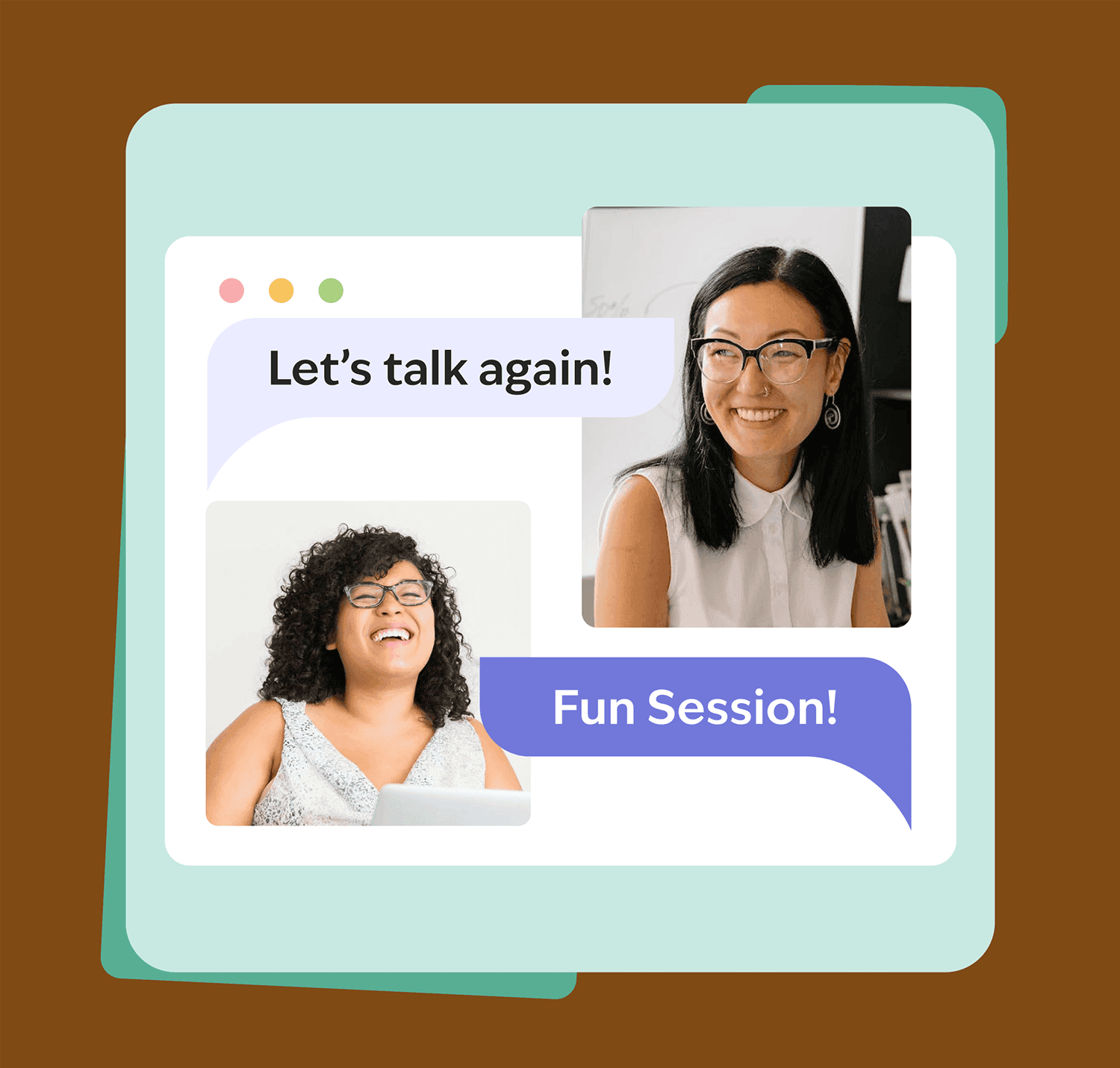 Illustration of a digital interface where two remote team members are engaging in a conversation