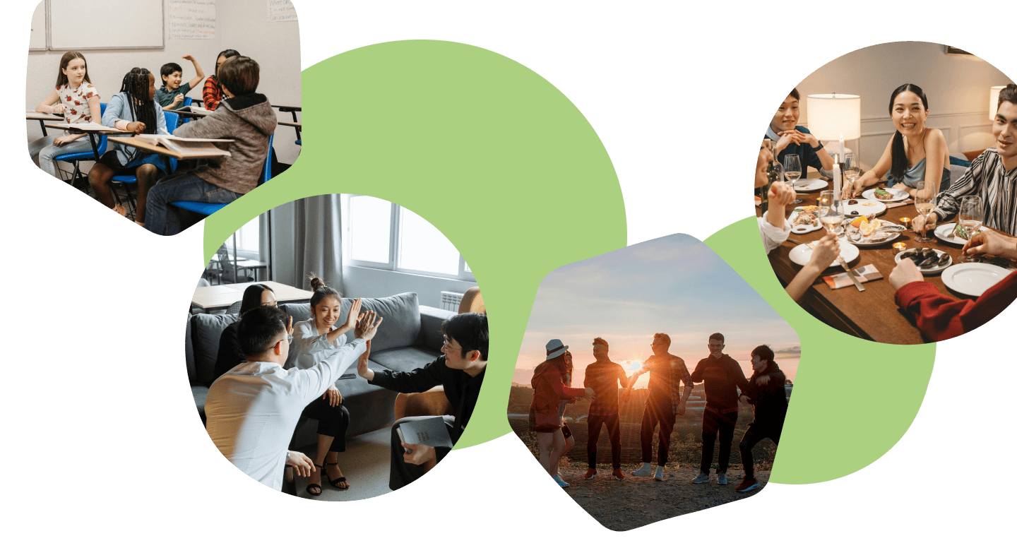 Hexagonal and circular photos showing groups of people in guided conversation, gathered indoors and outdoors, and interacting while having food